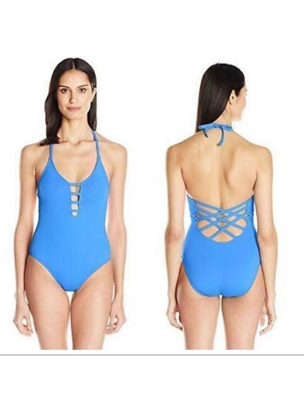 NWT‎ La Blanca Strappy Blue Plunge Tummy Control Swimsuit SZ 4